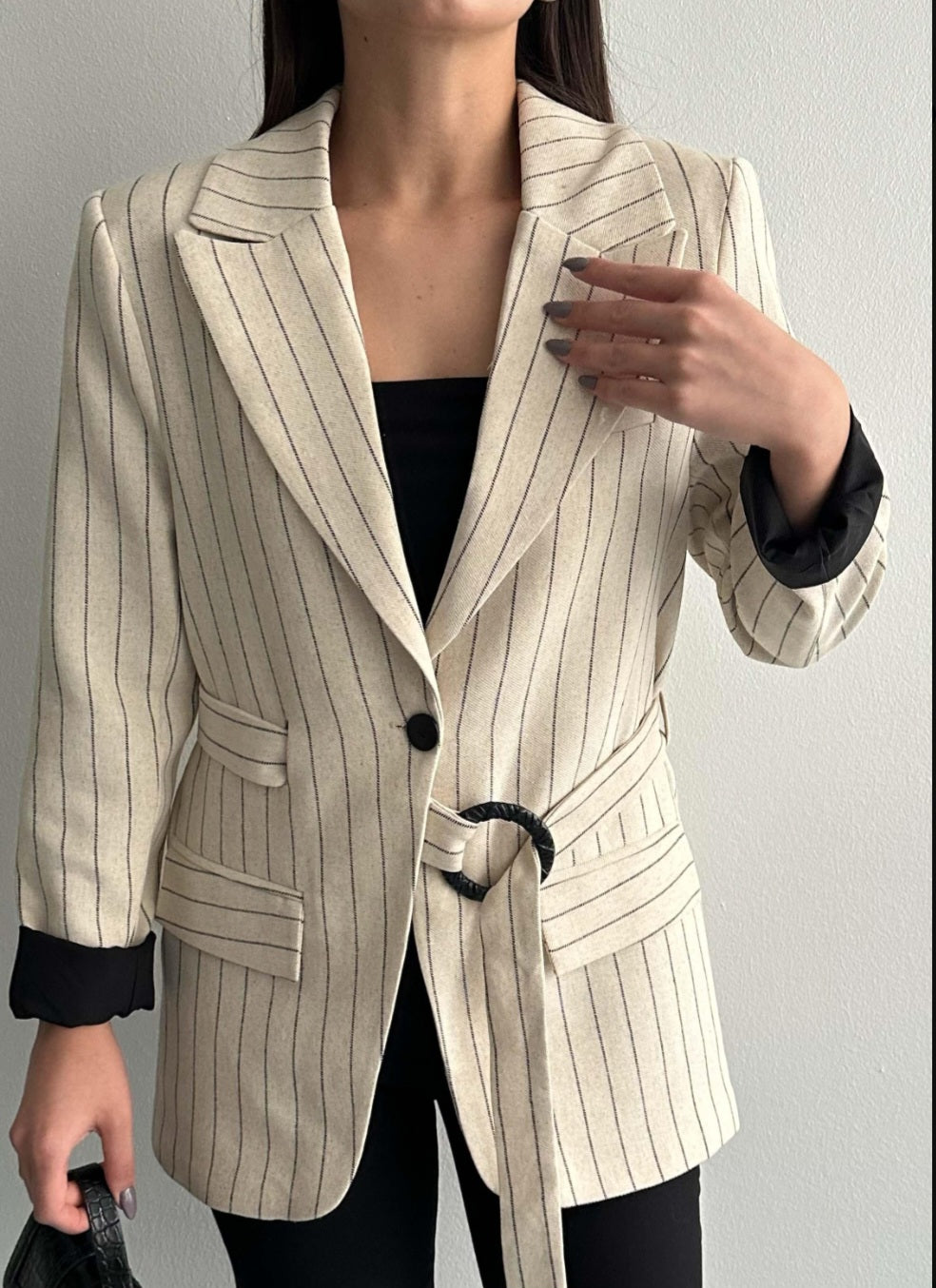 Striped blazer with side belt