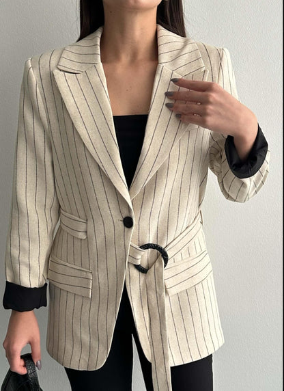 Striped blazer with side belt