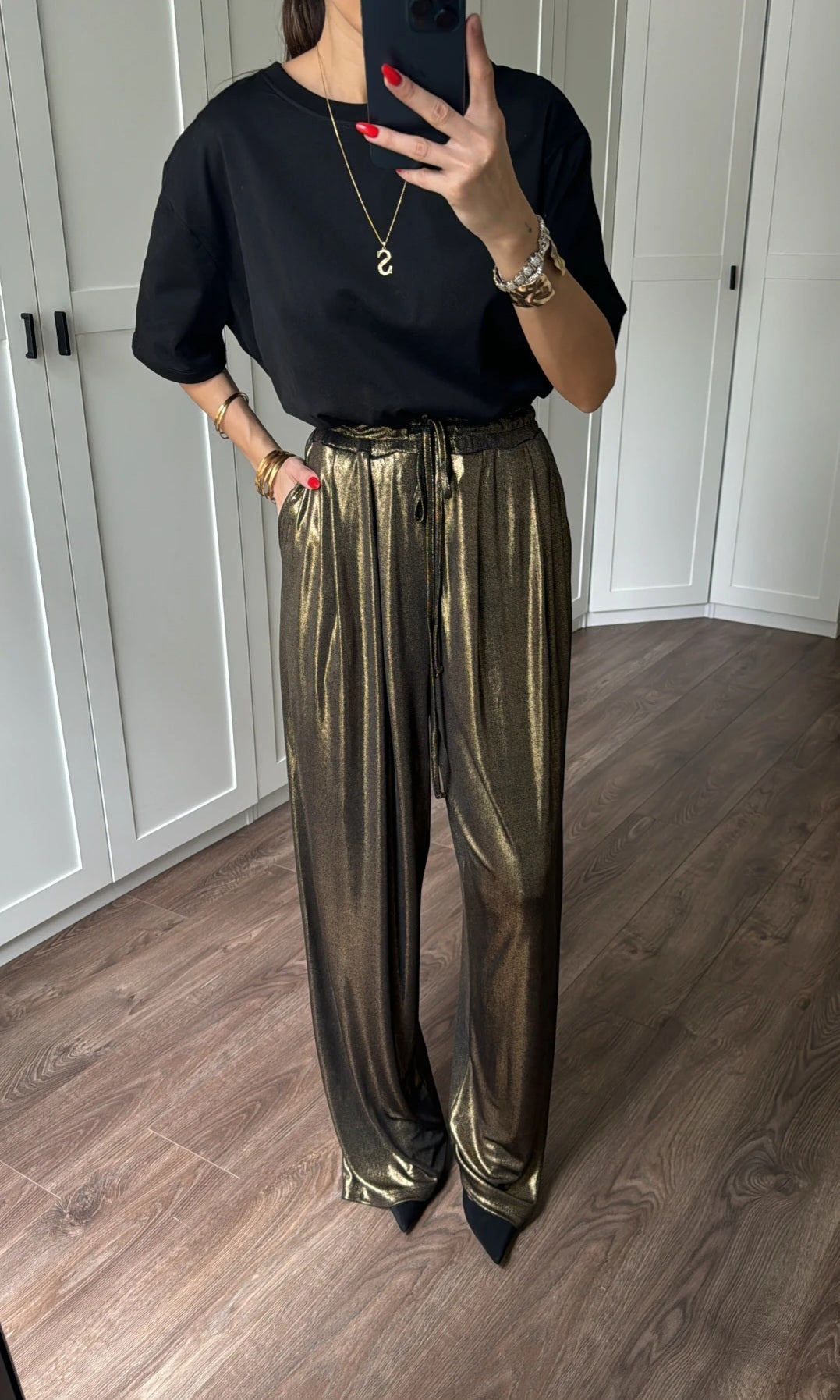 Metallic satin stretchy pant