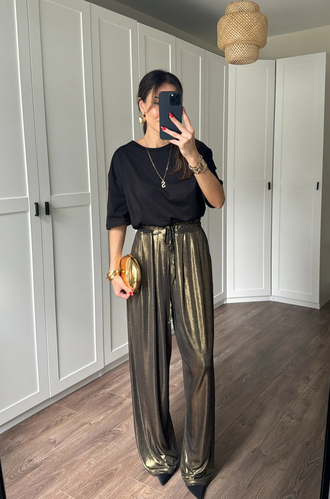 Metallic satin stretchy pant