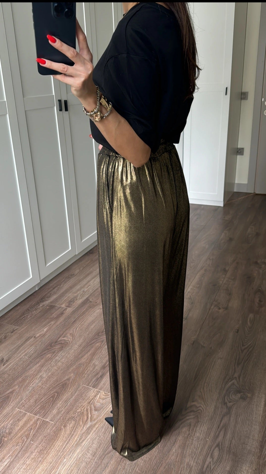 Metallic satin stretchy pant