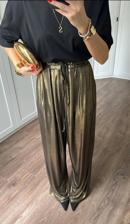Metallic satin stretchy pant