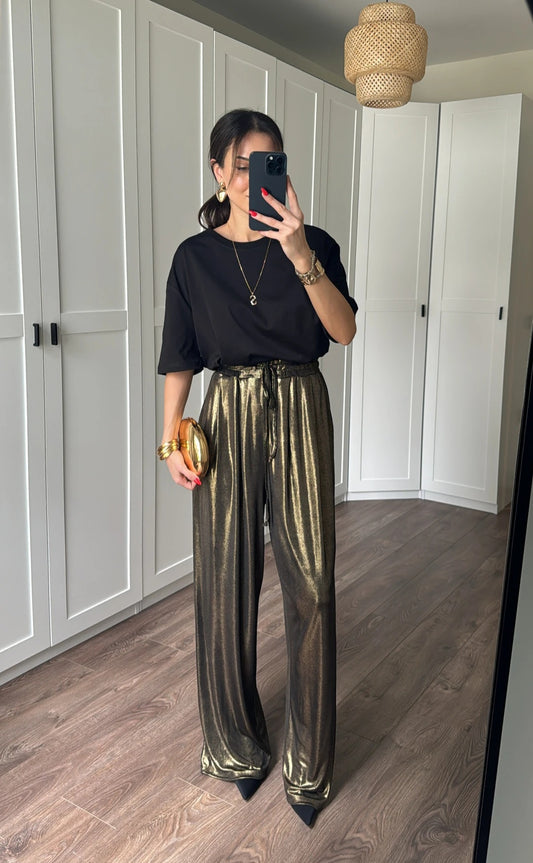 Metallic satin stretchy pant