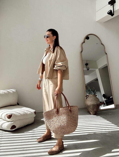 Two-pocket shirt elastic pants summer canvas co-ord set