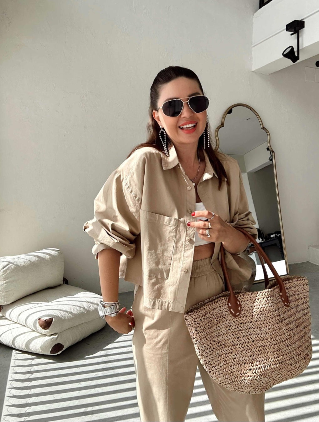 Two-pocket shirt elastic pants summer canvas co-ord set