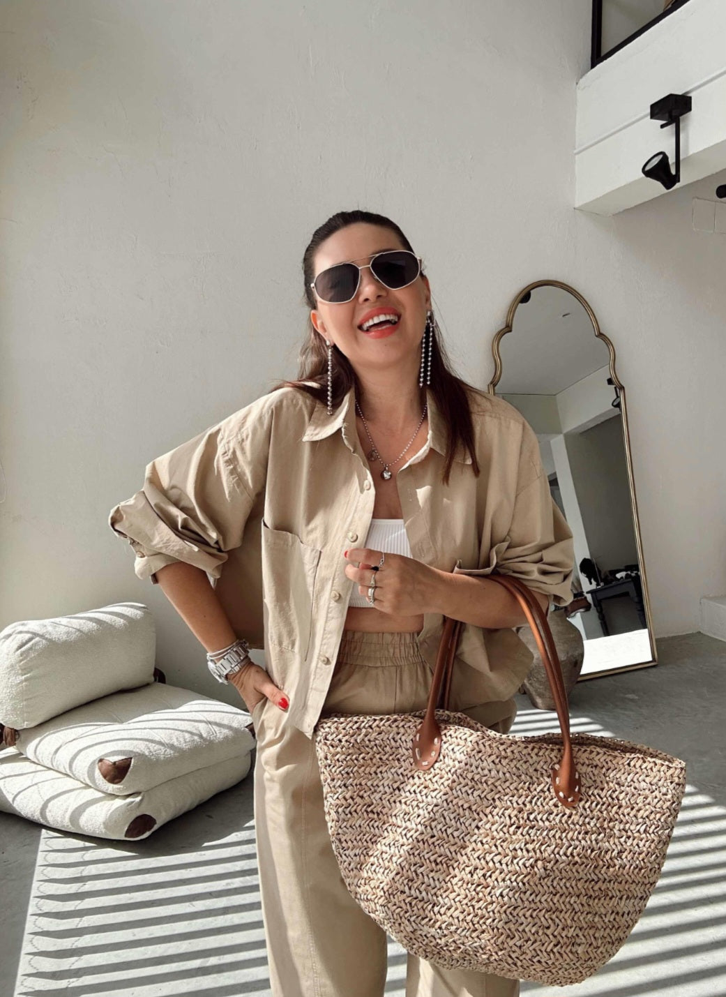 Two-pocket shirt elastic pants summer canvas co-ord set