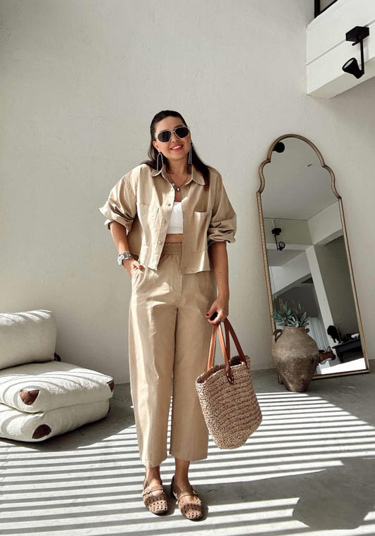 Two-pocket shirt elastic pants summer canvas co-ord set