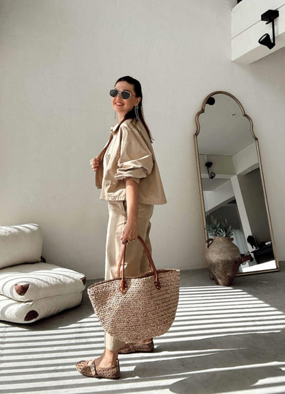 Two-pocket shirt elastic pants summer canvas co-ord set