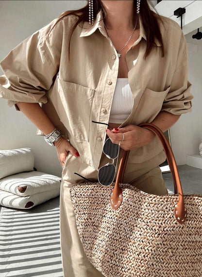Two-pocket shirt elastic pants summer canvas co-ord set