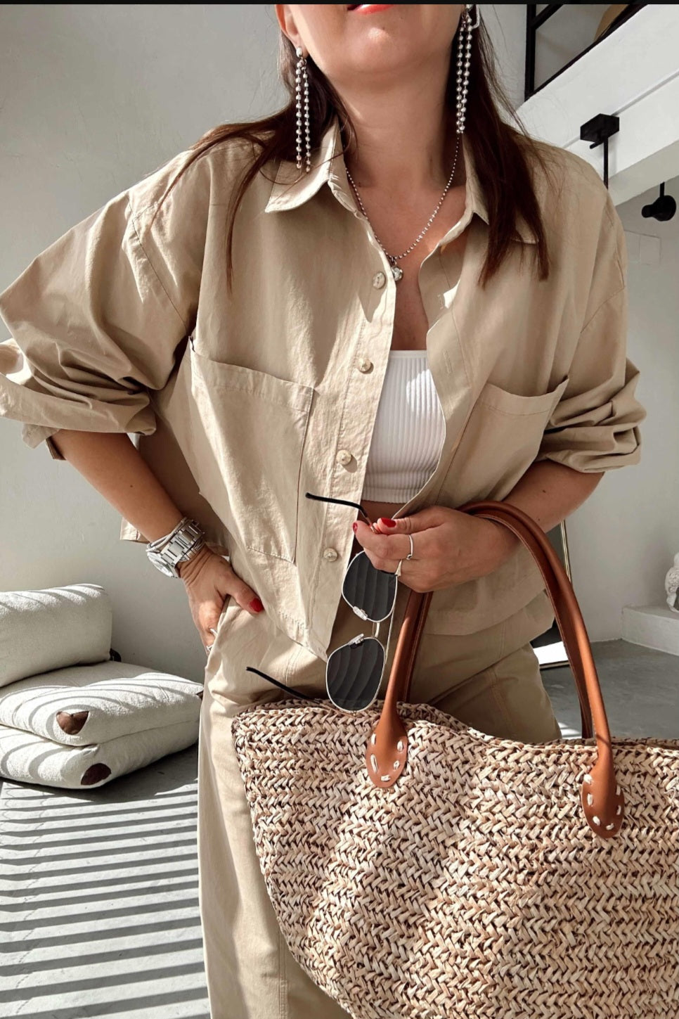 Two-pocket shirt elastic pants summer canvas co-ord set