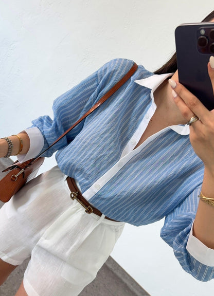 Striped shirt with white collar