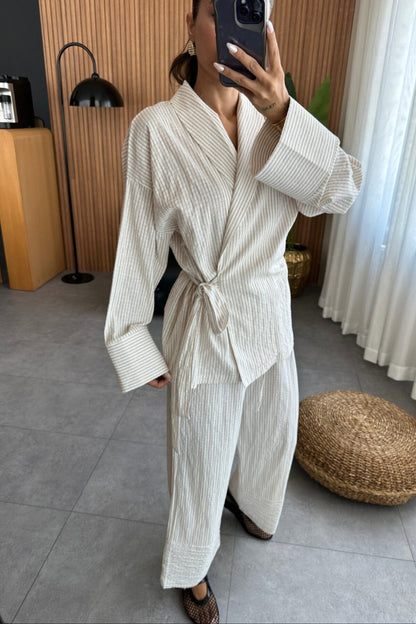 Striped Linen kimono co-ord set