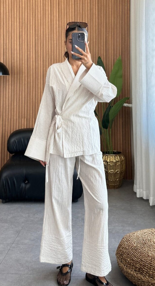 Striped Linen kimono co-ord set
