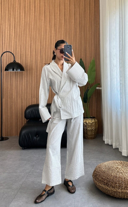Striped linen kimono co-ord set