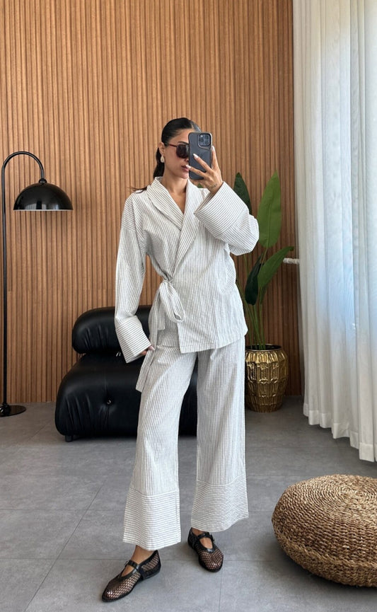Striped linen kimono co-ord set