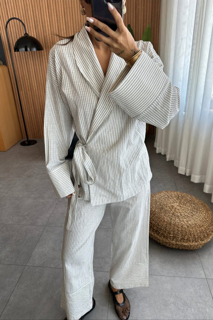 Striped linen kimono co-ord set