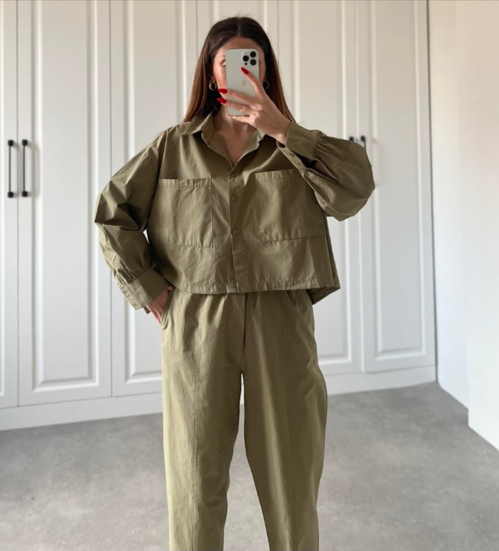 Two-pocket shirt elastic pants summer canvas co-ord set