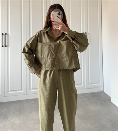 Two-pocket shirt elastic pants summer canvas co-ord set