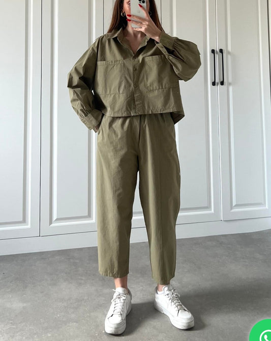 Two-pocket shirt elastic pants summer canvas co-ord set