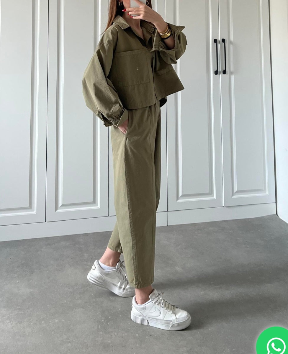 Two-pocket shirt elastic pants summer canvas co-ord set