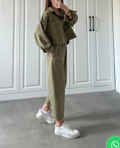 Two-pocket shirt elastic pants summer canvas co-ord set