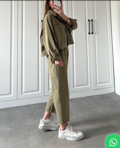 Two-pocket shirt elastic pants summer canvas co-ord set