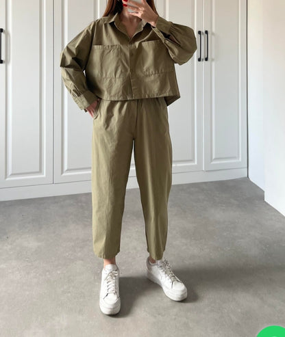 Two-pocket shirt elastic pants summer canvas co-ord set