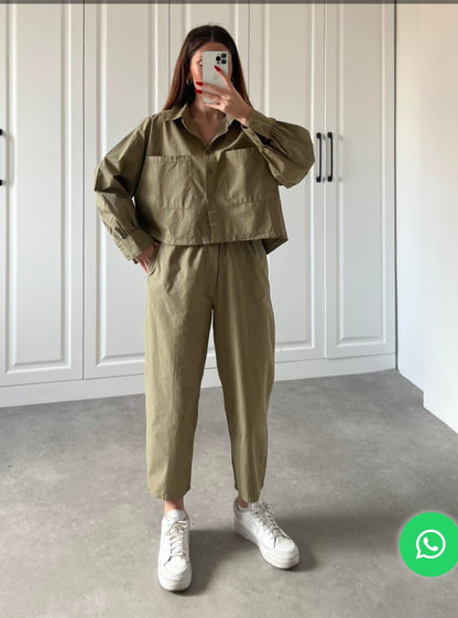 Two-pocket shirt elastic pants summer canvas co-ord set