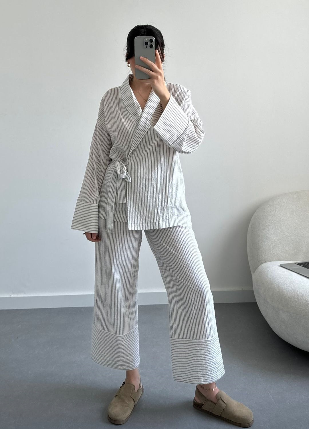 Striped linen kimono co-ord set