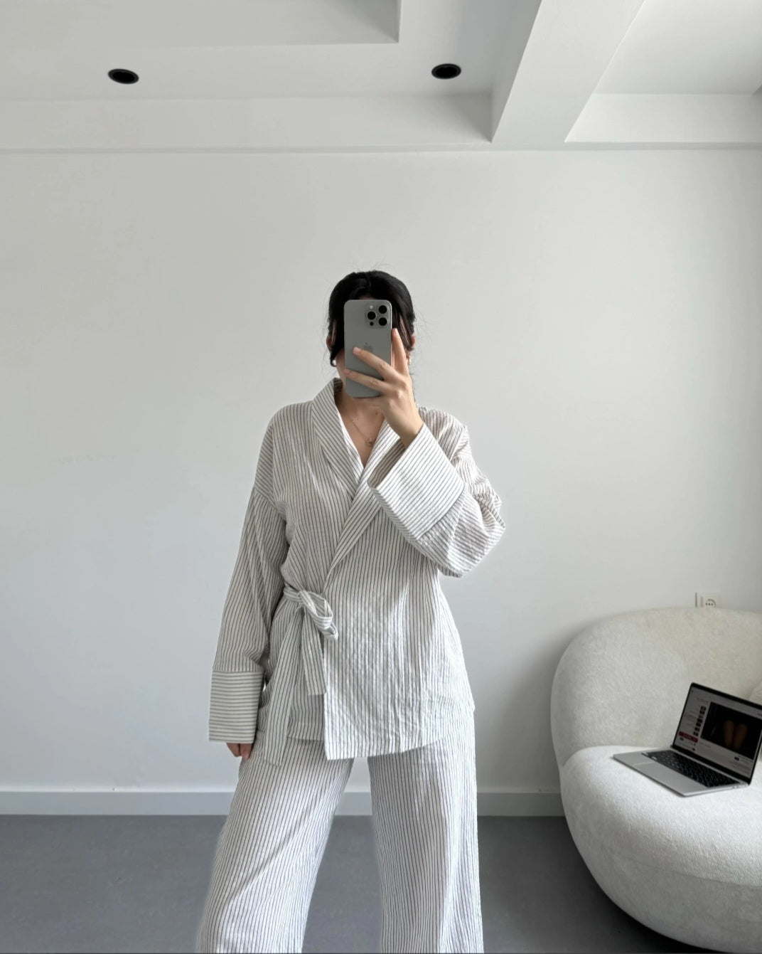 Striped linen kimono co-ord set