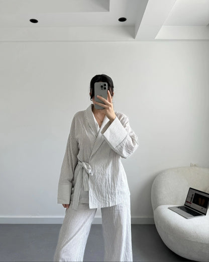 Striped linen kimono co-ord set