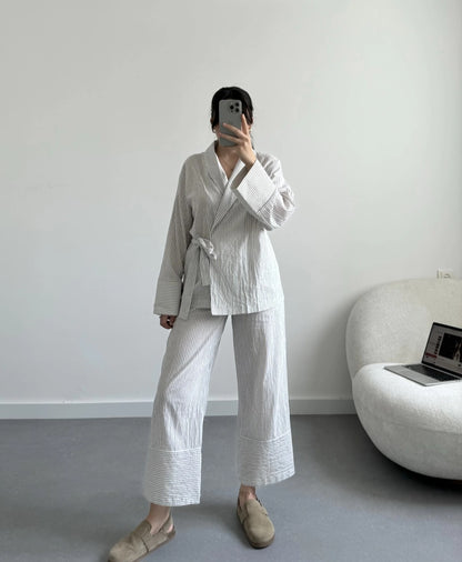 Striped linen kimono co-ord set