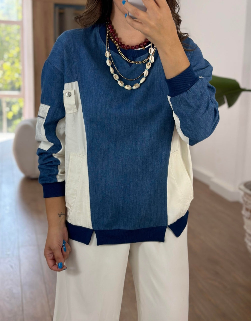Jeans sweatshirt with waterproof details