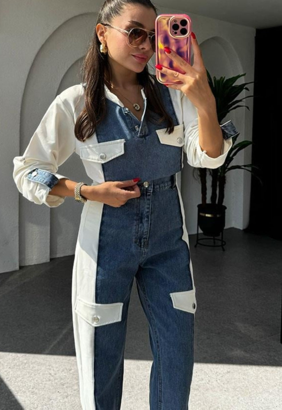 French cotton set with jeans details