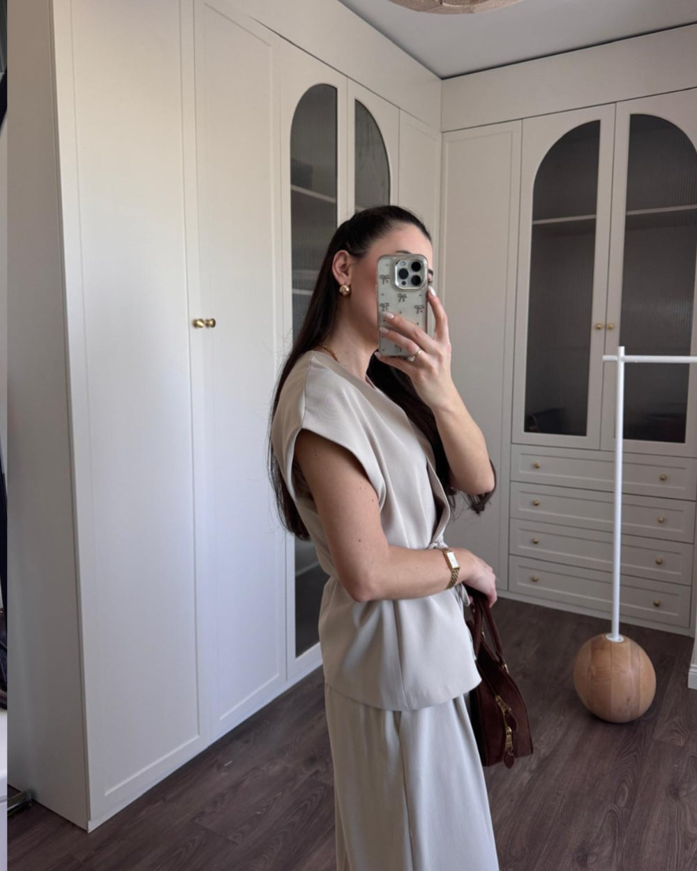 wrap belted vest with wide-leg trousers