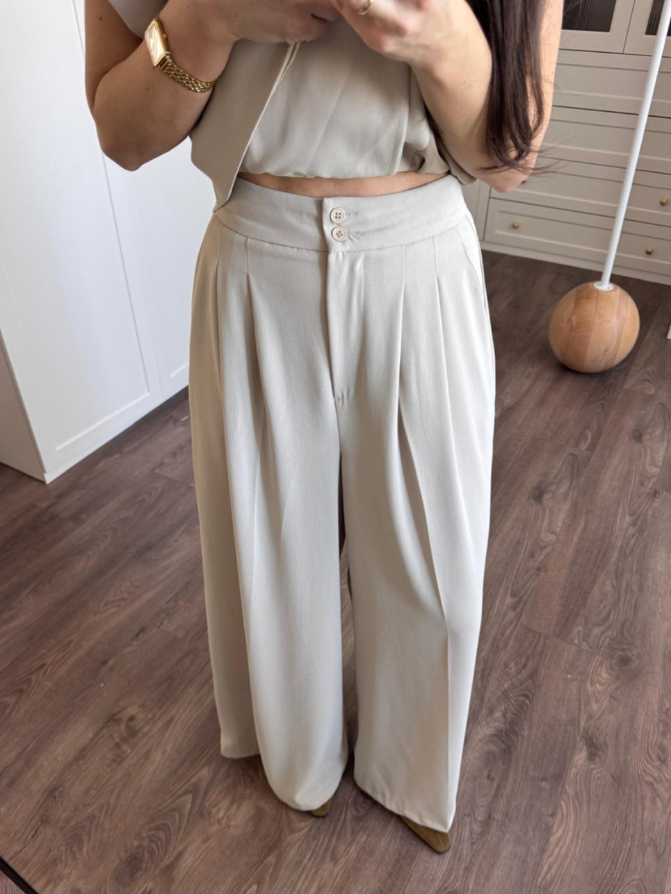 wrap belted vest with wide-leg trousers