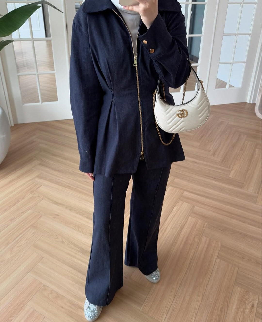 Gold zipper denim jacket, straight trouser co-ord set