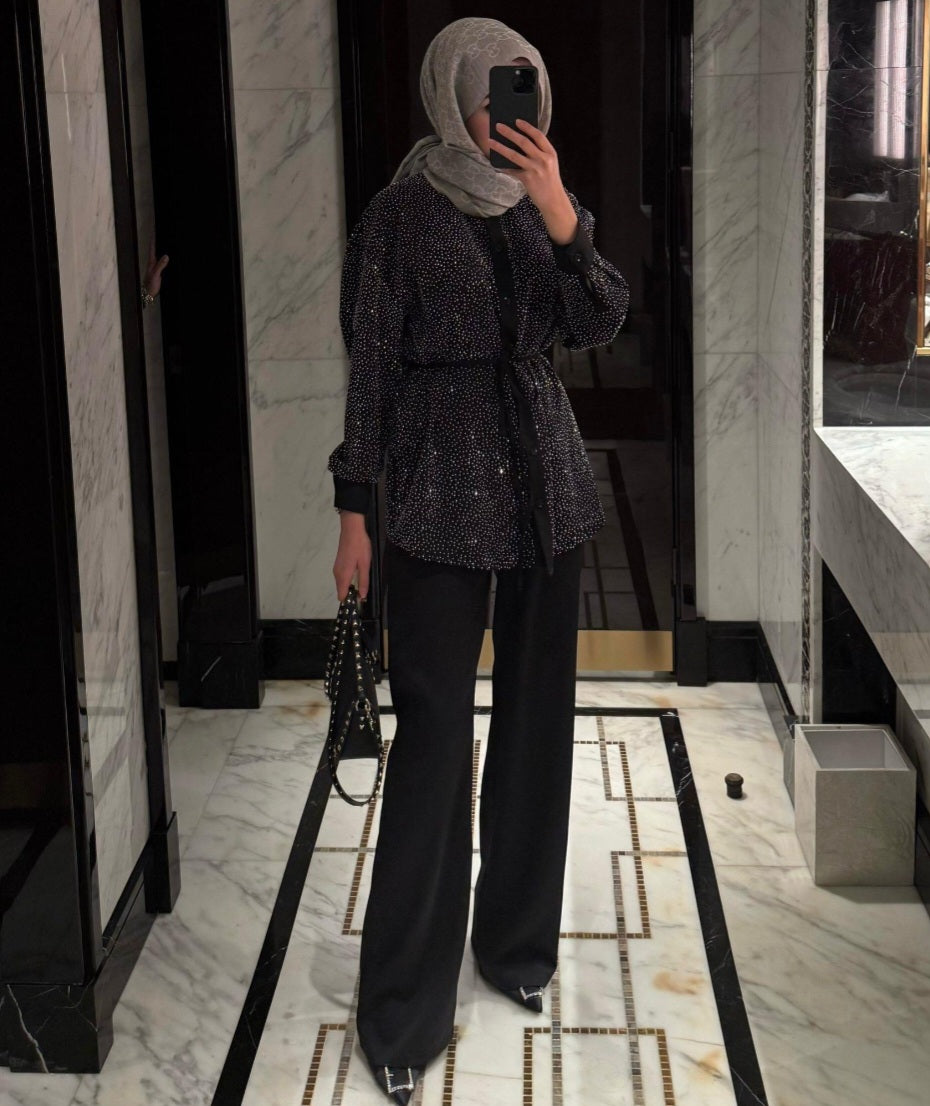 Oversized shirt studded with rhinestones co-ord set