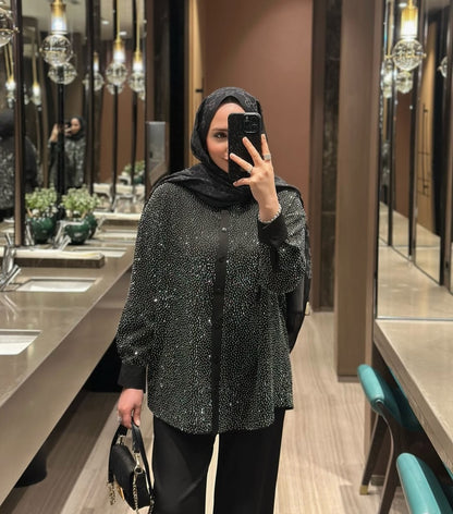 Oversized shirt studded with rhinestones co-ord set