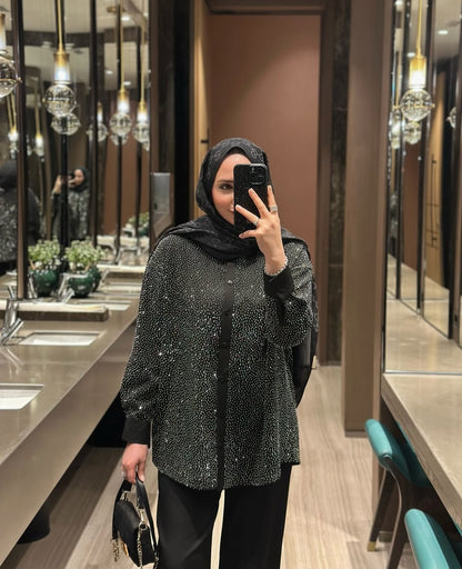 Oversized shirt studded with rhinestones co-ord set