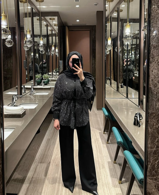 Oversized shirt studded with rhinestones co-ord set