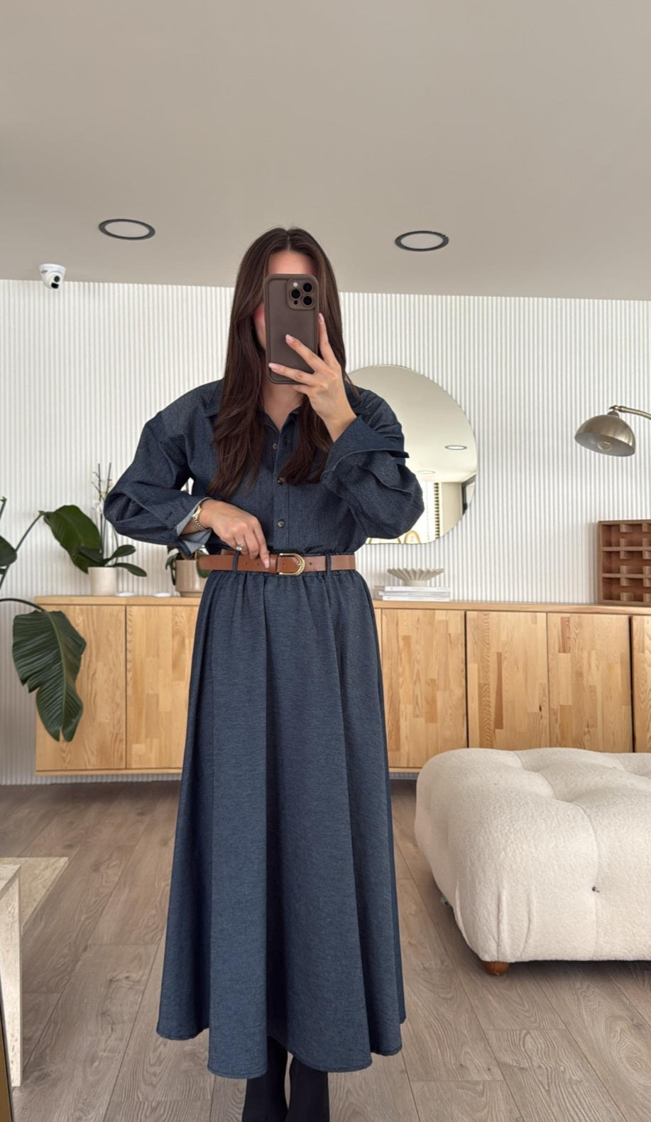 Padded shoulder shirt with belted skirt co-ord jeans set