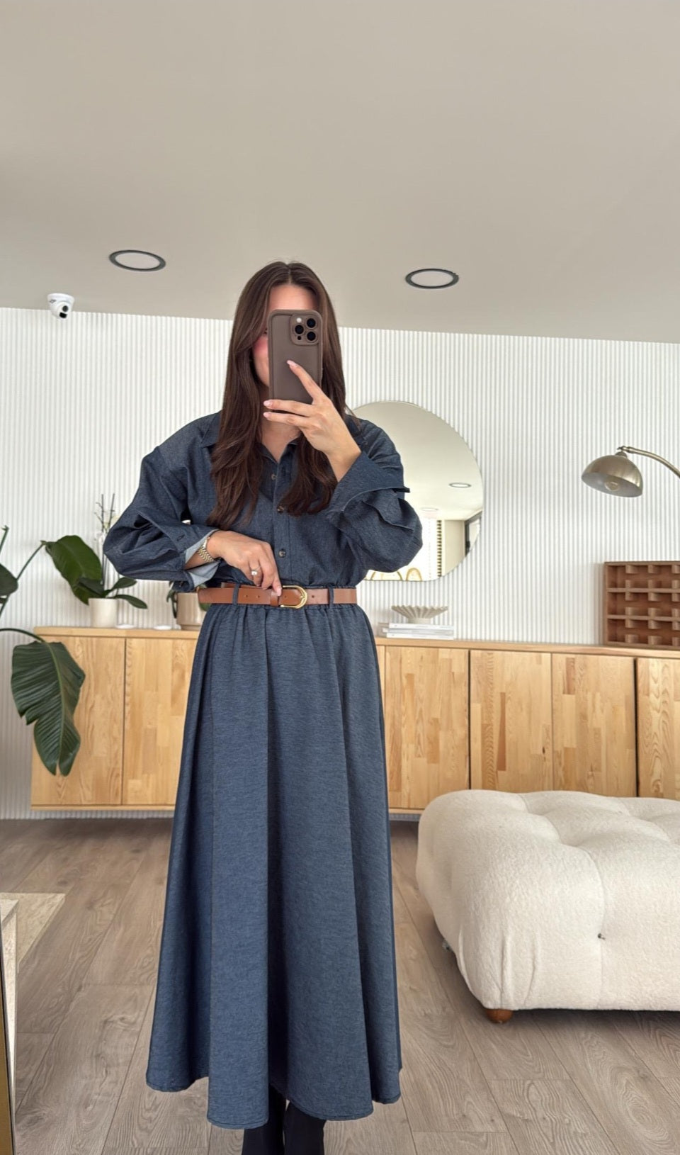 Padded shoulder shirt with belted skirt co-ord jeans set