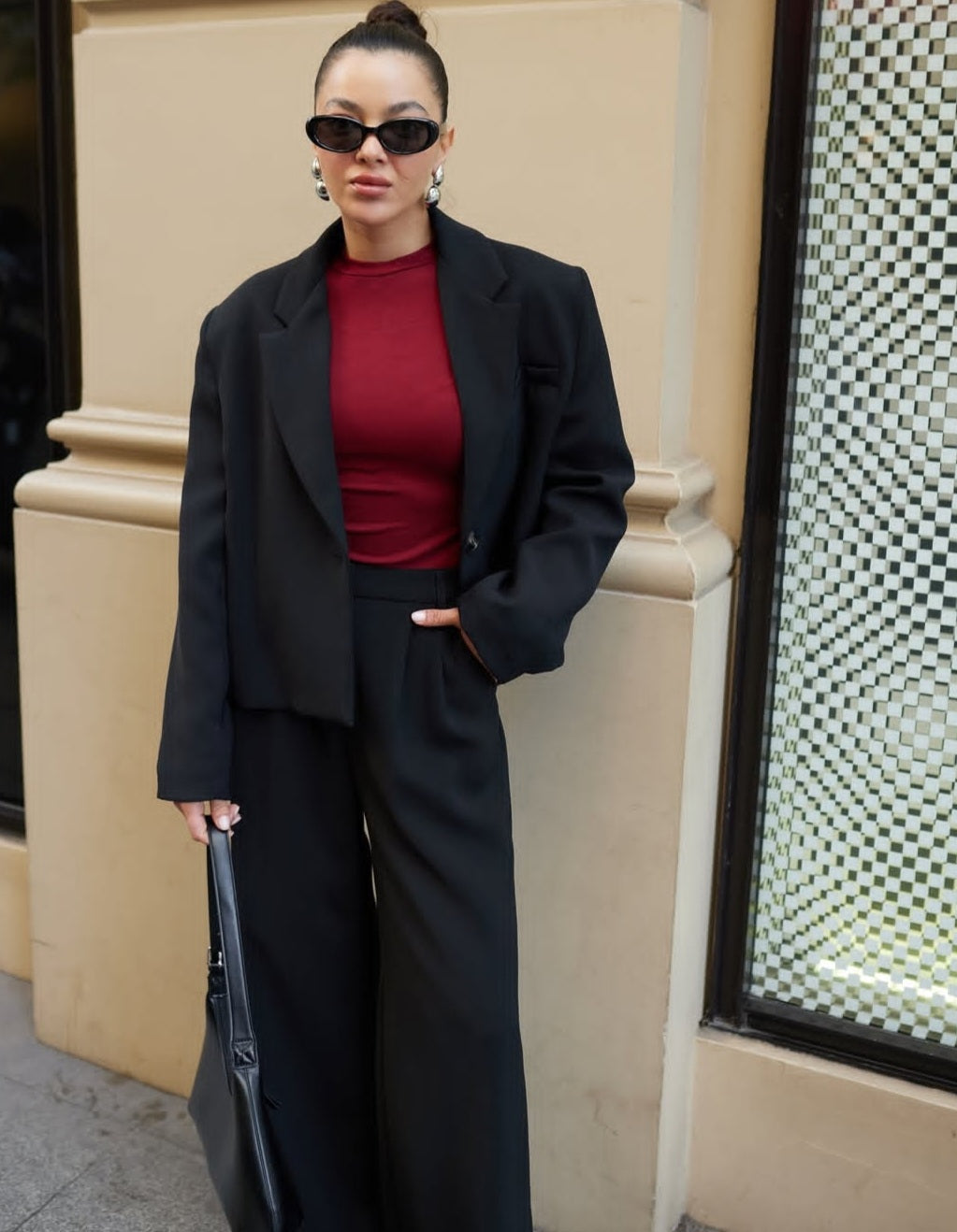 Cropped blazer, wide leg trouser suit