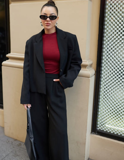 Cropped blazer, wide leg trouser suit