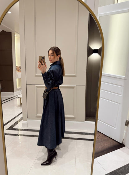 Padded shoulder shirt with belted skirt co-ord jeans set