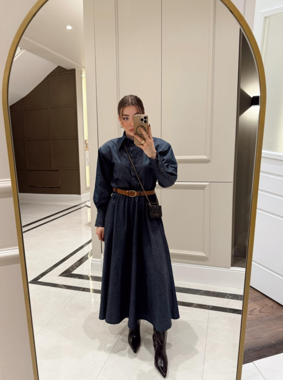 Padded shoulder shirt with belted skirt co-ord jeans set