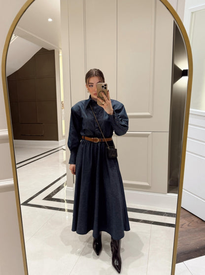 Padded shoulder shirt with belted skirt co-ord jeans set