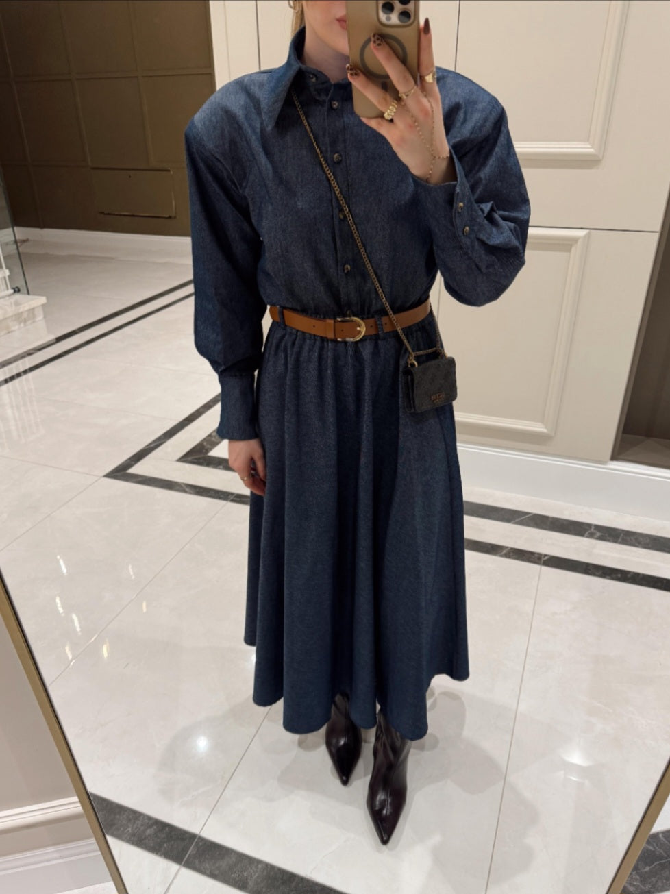 Padded shoulder shirt with belted skirt co-ord jeans set
