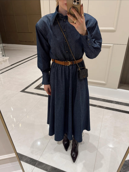 Padded shoulder shirt with belted skirt co-ord jeans set